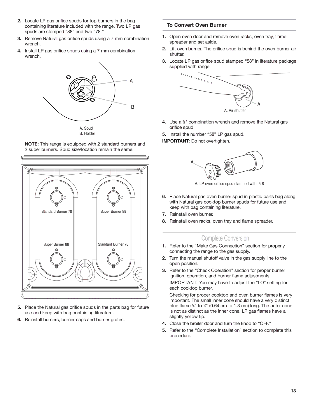 Amana AGG222VDW installation instructions Complete Conversion, To Convert Oven Burner 