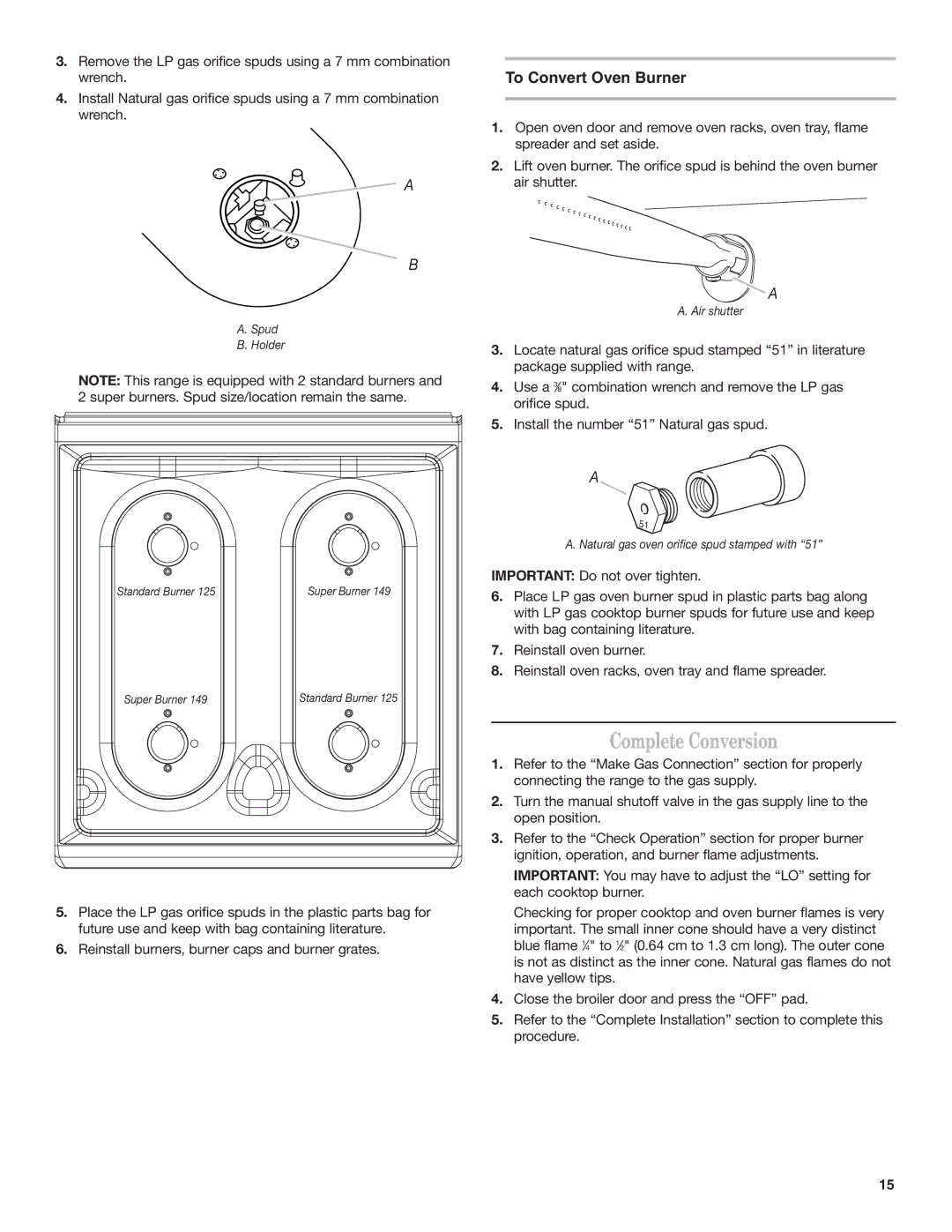 Amana AGG222VDW installation instructions Natural gas oven orifice spud stamped with 