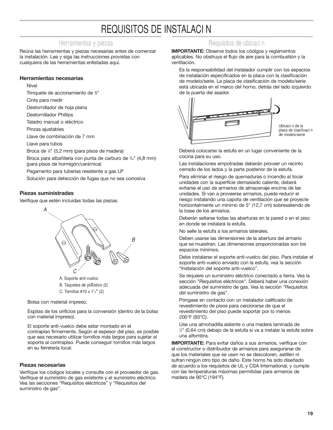 Amana AGG222VDW installation instructions Requisitos DE Instalación, Herramientas y piezas, Requisitos de ubicación 