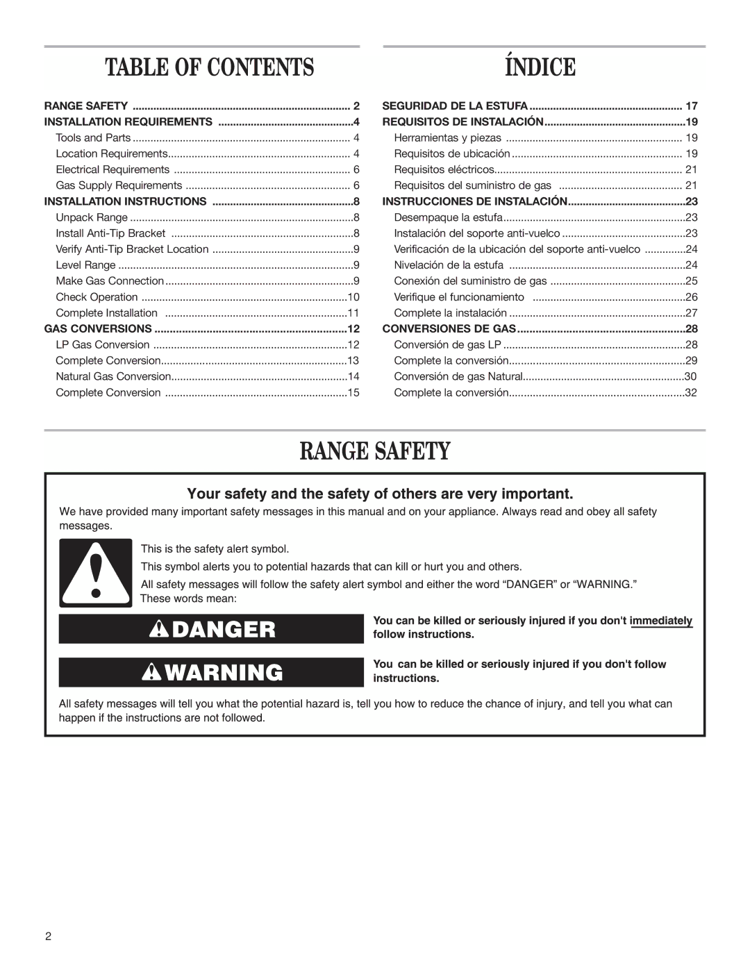 Amana AGG222VDW installation instructions Índice, Range Safety 