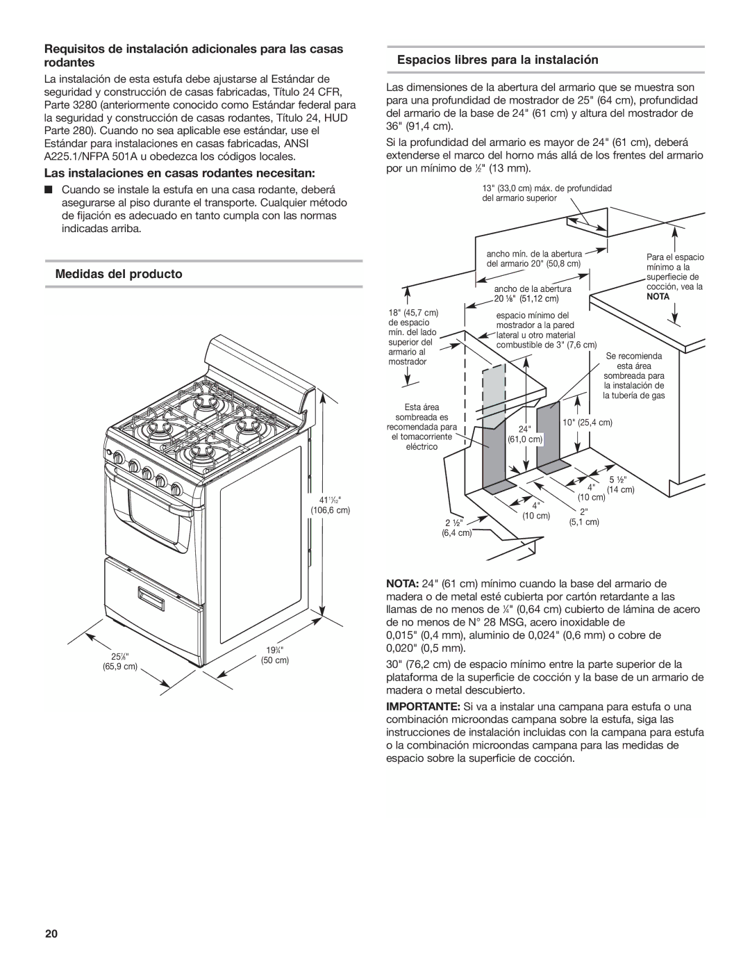 Amana AGG222VDW Las instalaciones en casas rodantes necesitan, Espacios libres para la instalación, Medidas del producto 