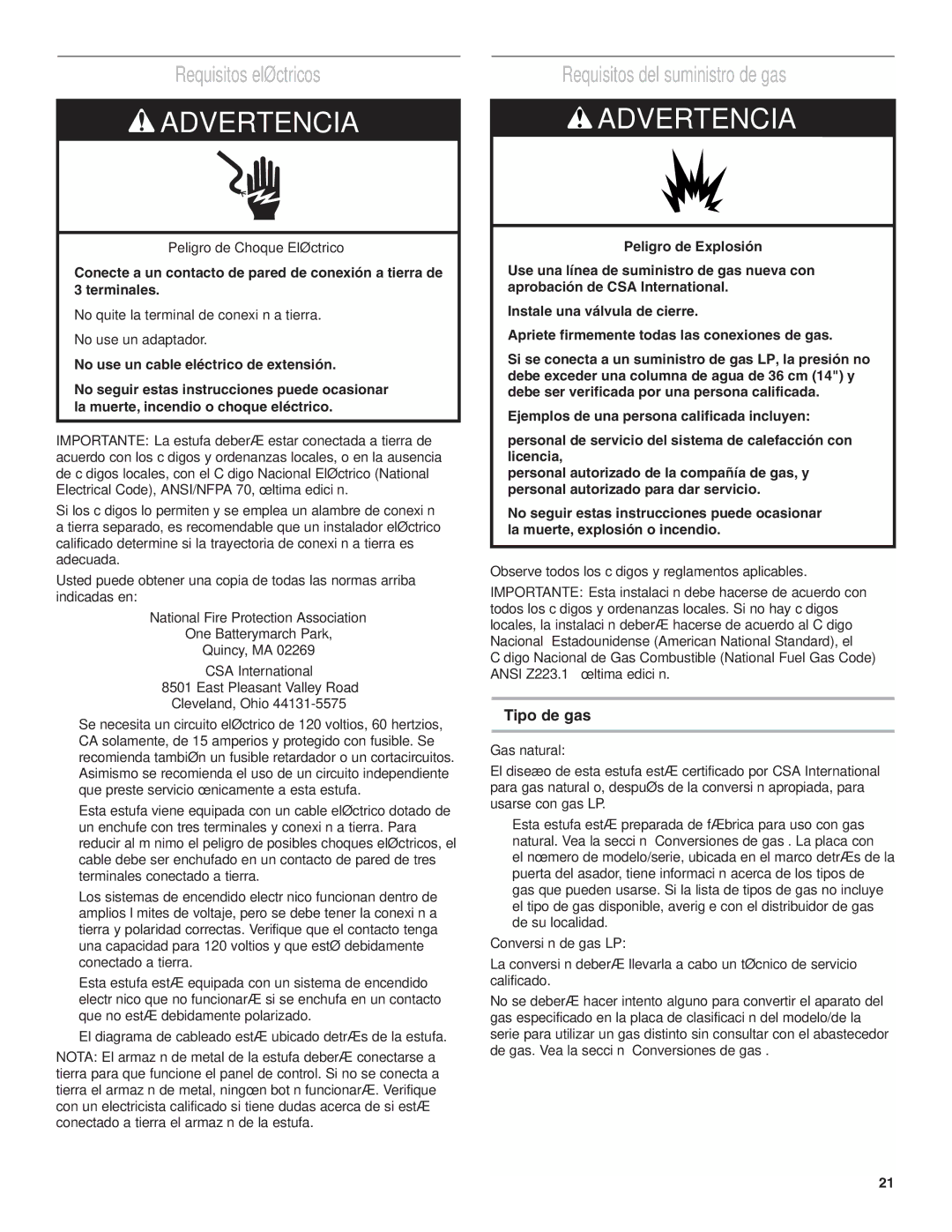 Amana AGG222VDW Requisitos eléctricos, Requisitos del suministro de gas, Tipo de gas, Gas natural, Conversión de gas LP 