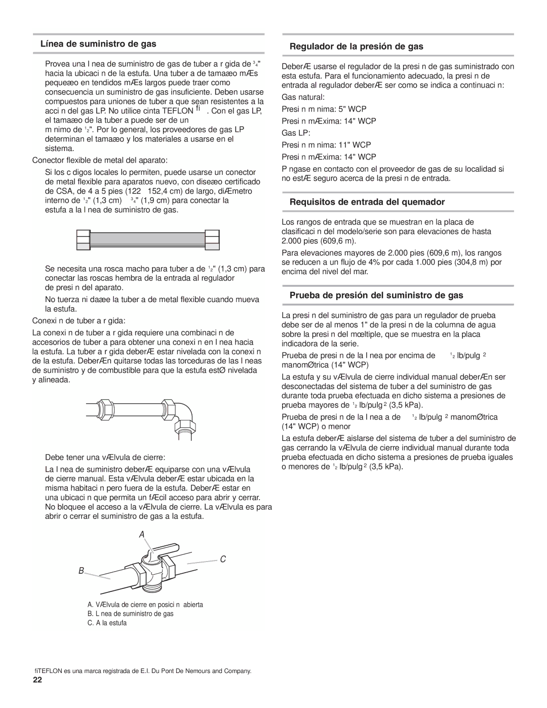 Amana AGG222VDW Línea de suministro de gas, Regulador de la presión de gas, Requisitos de entrada del quemador 