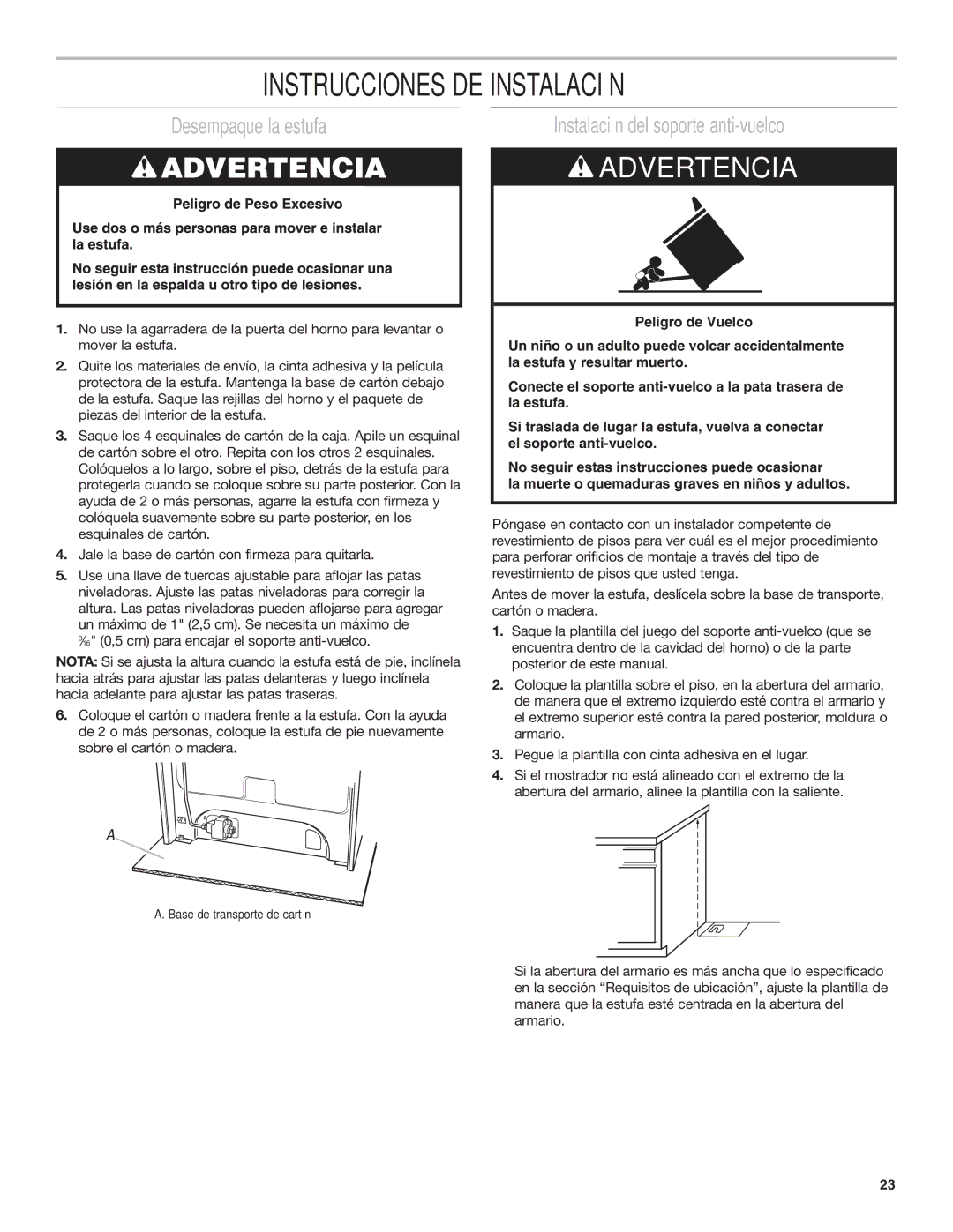 Amana AGG222VDW Instrucciones DE Instalación, Desempaque la estufa, Instalación del soporte anti-vuelco 