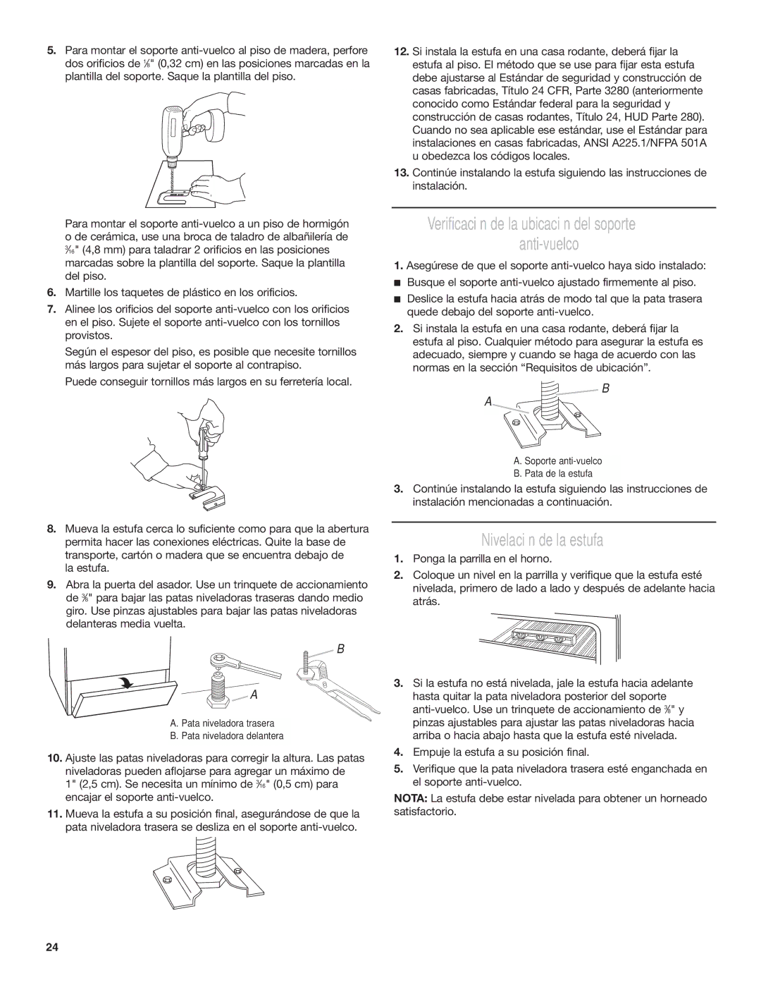 Amana AGG222VDW installation instructions Verificación de la ubicación del soporte Anti-vuelco, Nivelación de la estufa 