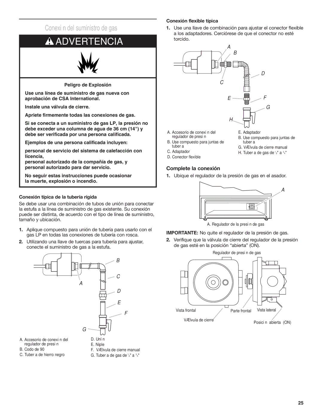 Amana AGG222VDW installation instructions Conexión del suministro de gas, Complete la conexión, Conexión flexible típica 