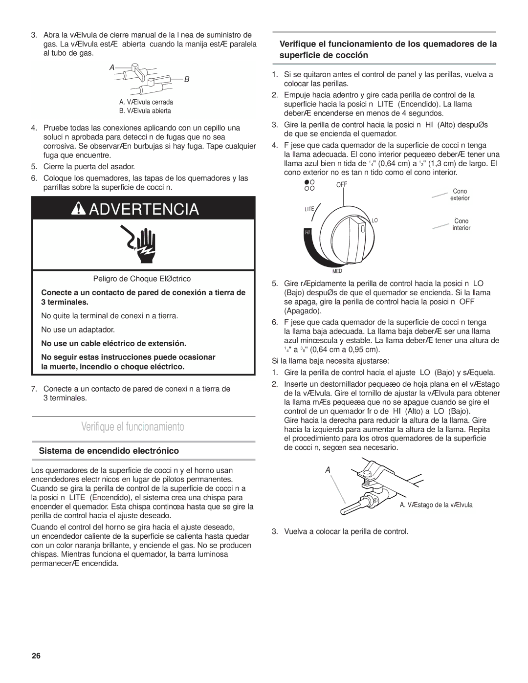 Amana AGG222VDW Verifique el funcionamiento, Sistema de encendido electrónico, Si la llama baja necesita ajustarse 