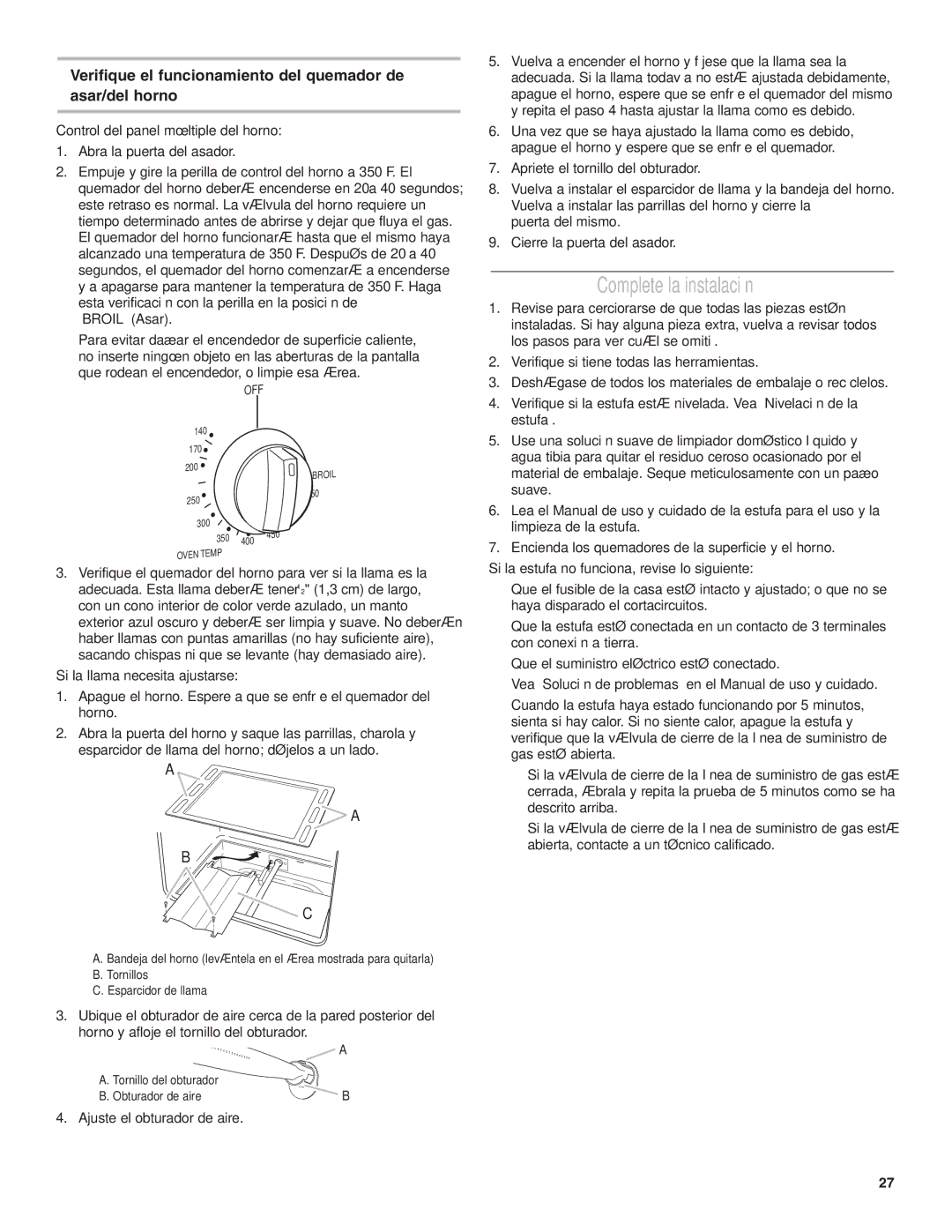 Amana AGG222VDW Complete la instalación, Verifique el funcionamiento del quemador de asar/del horno 