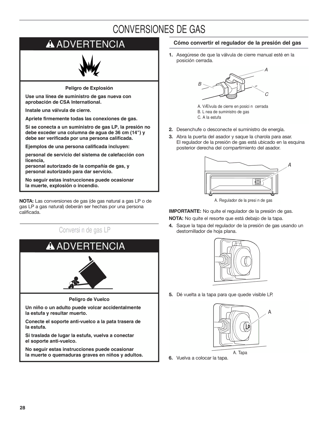 Amana AGG222VDW Conversiones DE GAS, Conversión de gas LP, Cómo convertir el regulador de la presión del gas 