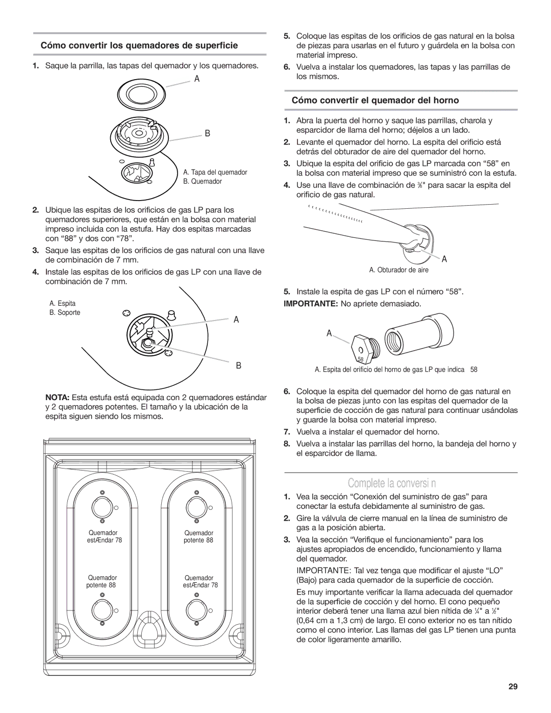 Amana AGG222VDW Complete la conversión, Cómo convertir los quemadores de superficie, Cómo convertir el quemador del horno 