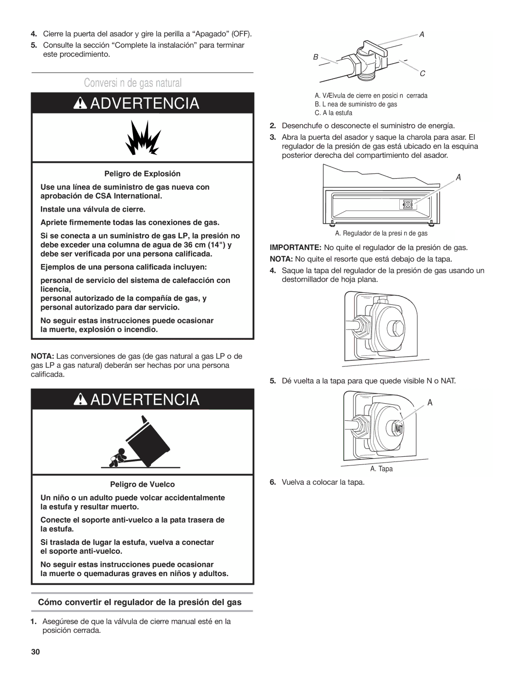 Amana AGG222VDW installation instructions Conversión de gas natural, Desenchufe o desconecte el suministro de energía 