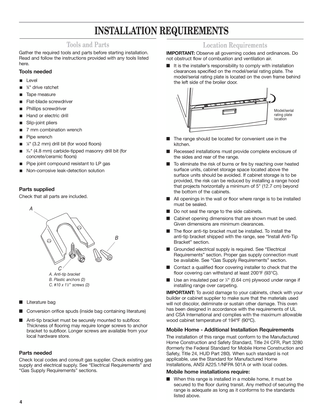 Amana AGG222VDW installation instructions Installation Requirements, Tools and Parts, Location Requirements 