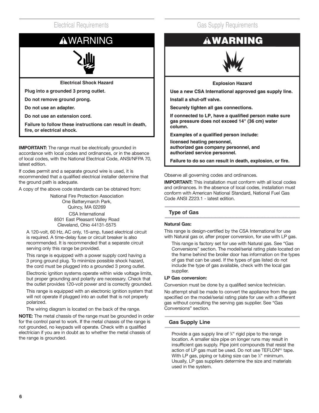 Amana AGG222VDW installation instructions Electrical Requirements, Gas Supply Requirements, Type of Gas, Gas Supply Line 