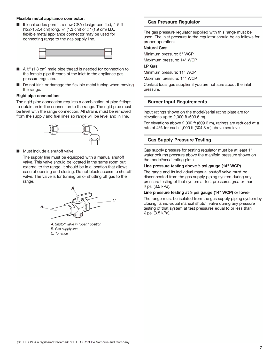 Amana AGG222VDW installation instructions Gas Pressure Regulator, Burner Input Requirements, Gas Supply Pressure Testing 