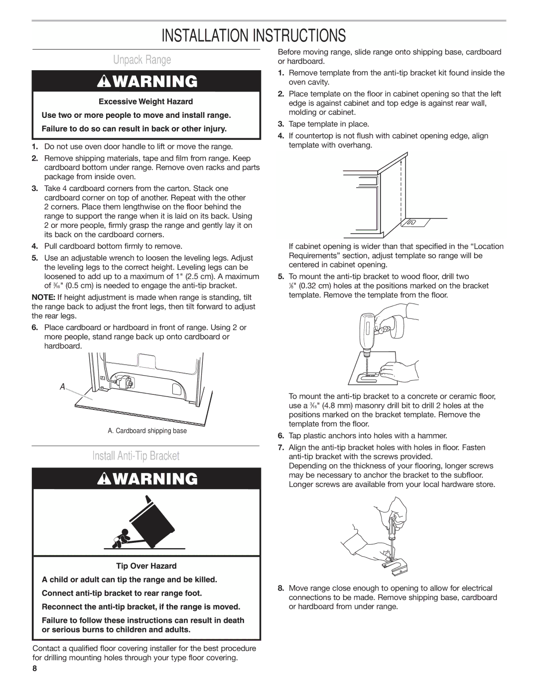 Amana AGG222VDW installation instructions Installation Instructions, Unpack Range, Install Anti-Tip Bracket 