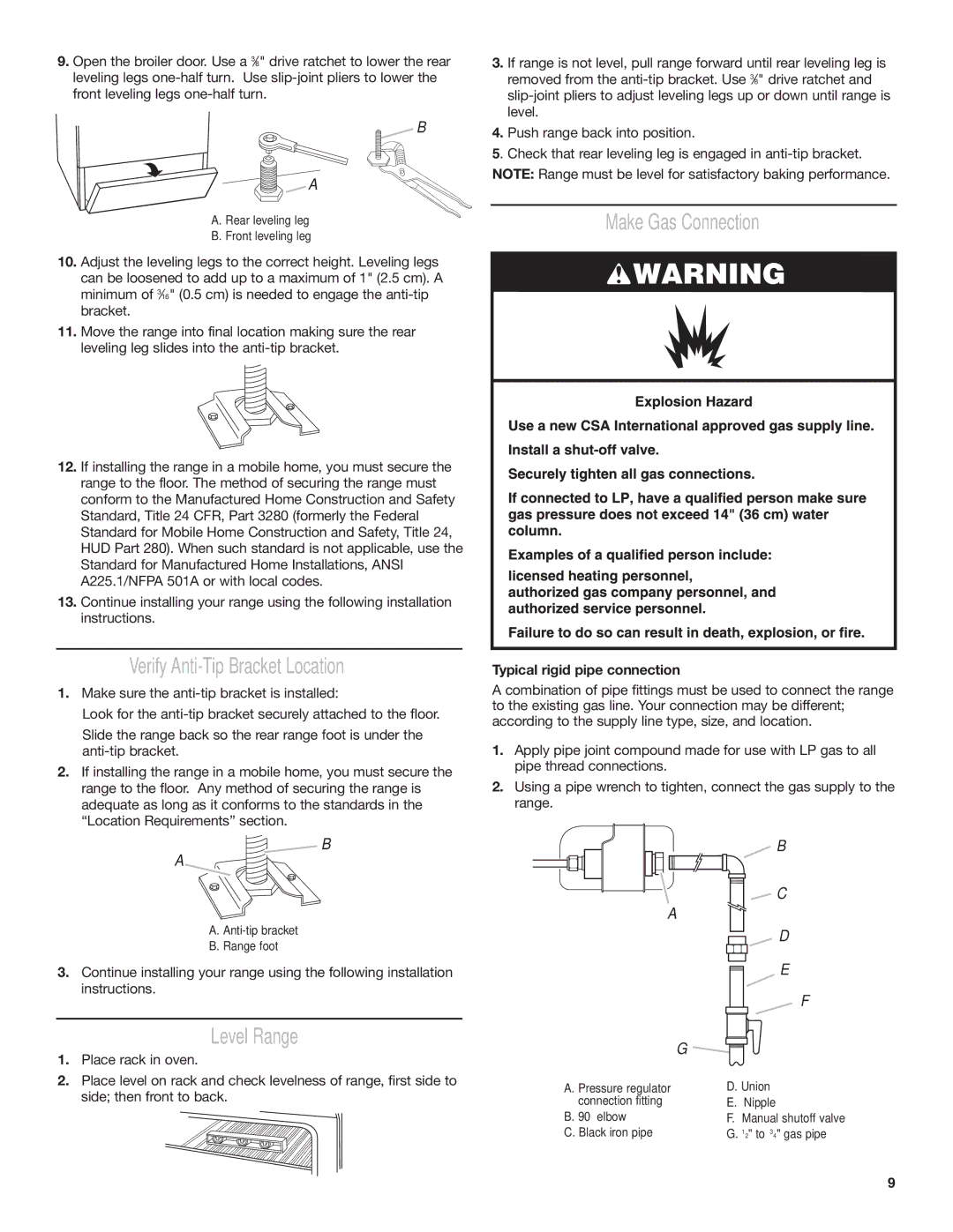 Amana AGG222VDW Verify Anti-Tip Bracket Location, Level Range, Make Gas Connection, Typical rigid pipe connection 