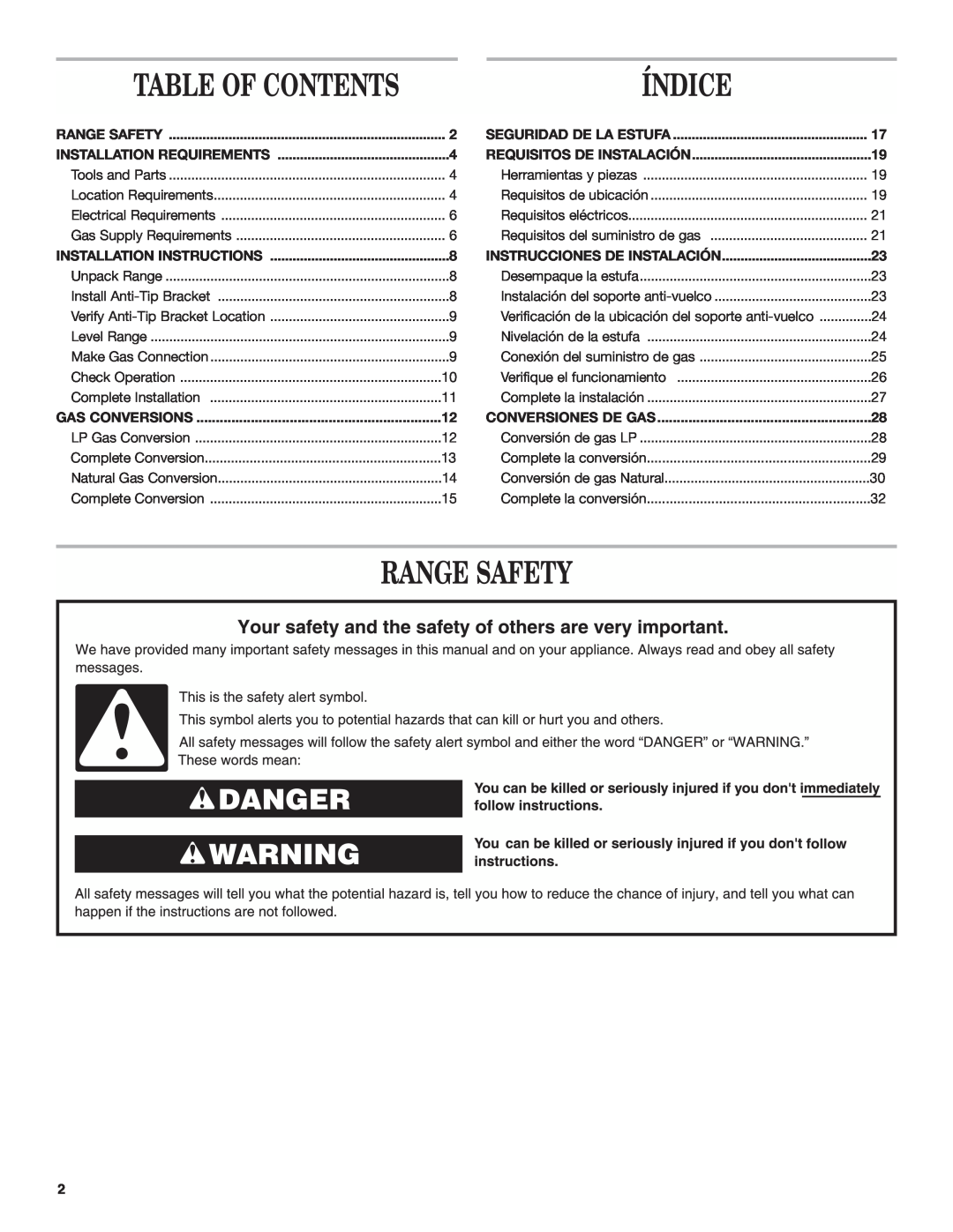 Amana AGG222VDW Índice, Range Safety, Table Of Contents, Seguridad De La Estufa, Installation Requirements 
