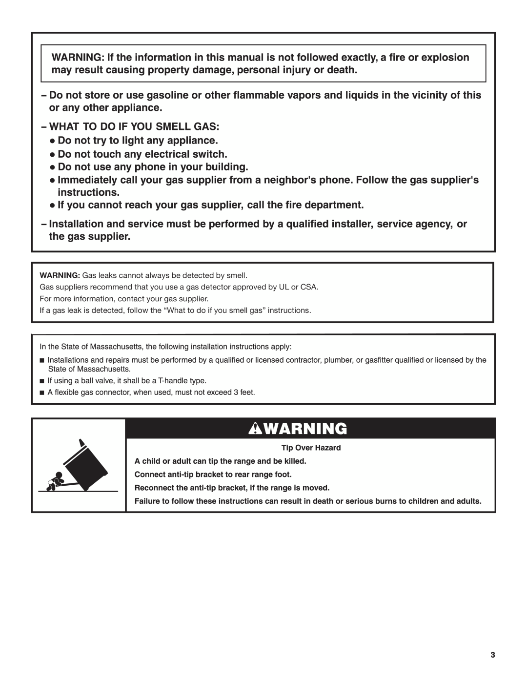 Amana AGG222VDW installation instructions WARNING: Gas leaks cannot always be detected by smell 