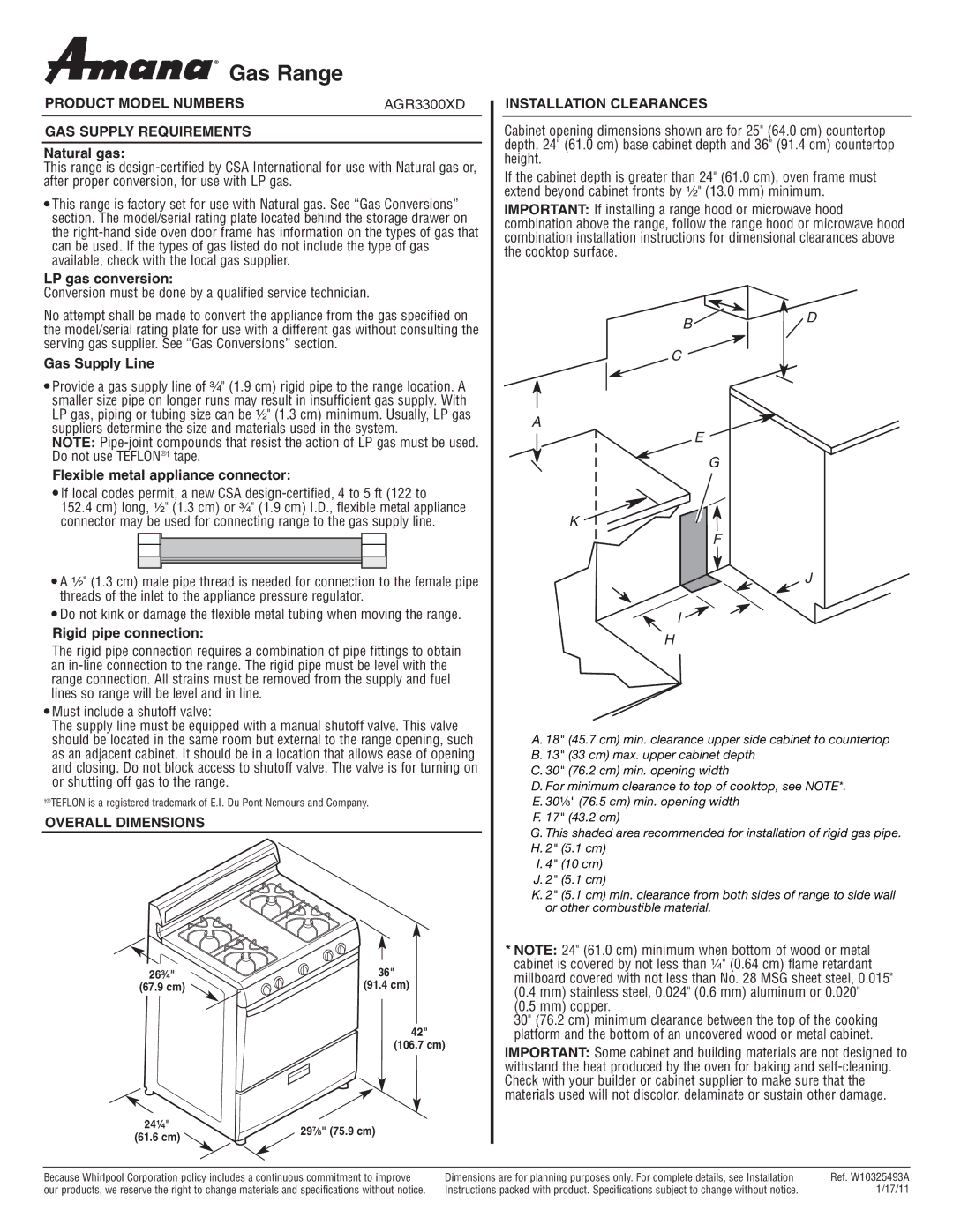 Amana dimensions Product Model Numbers AGR3300XD GAS Supply Requirements, Overall Dimensions, Installation Clearances 