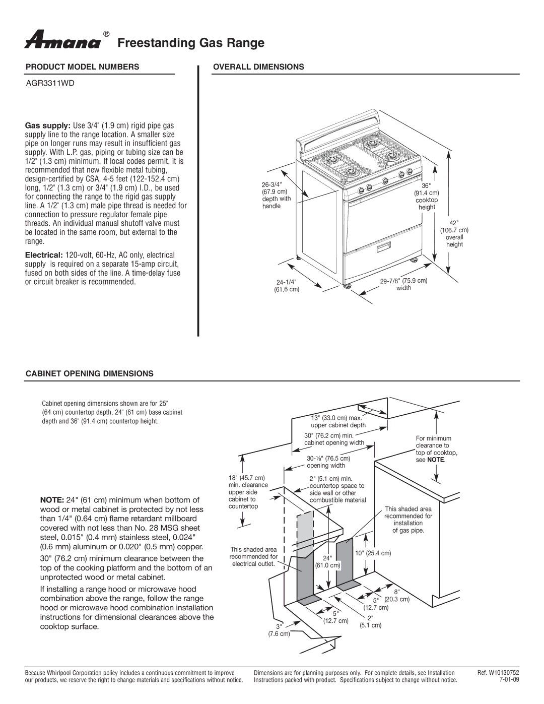 Amana AGR3311WD dimensions Freestanding Gas Range, Product Model Numbers, Overall Dimensions, Cabinet Opening Dimensions 