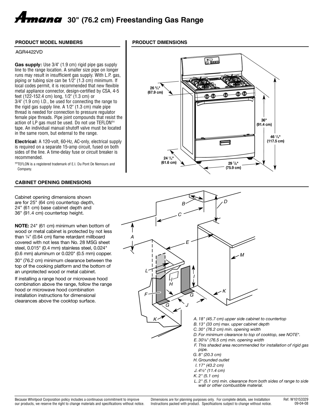 Amana AGR4422VD dimensions 30 76.2 cm Freestanding Gas Range, Product Model Numbers, Product Dimensions 