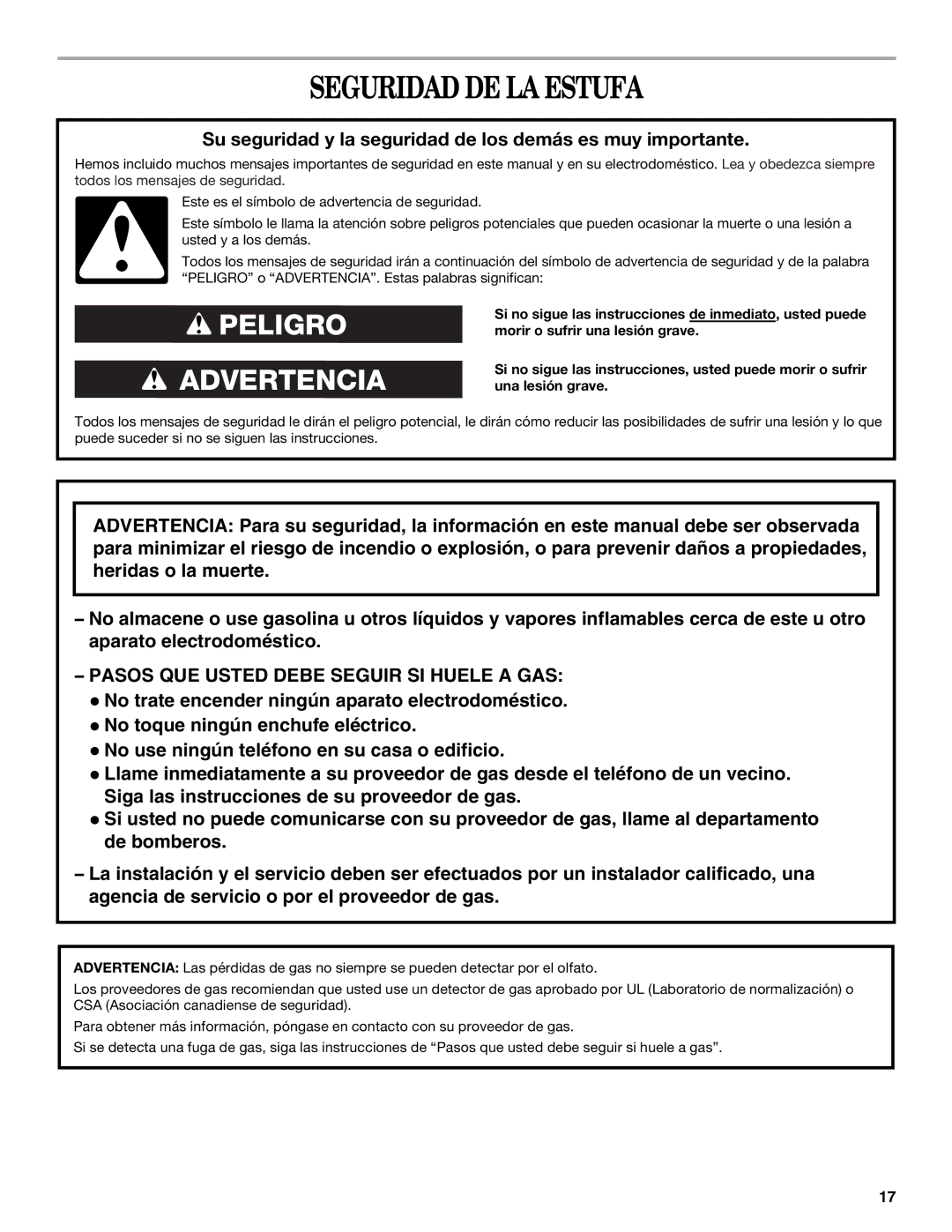 Amana AGR4422VDW manual Seguridad DE LA Estufa, Su seguridad y la seguridad de los demás es muy importante 