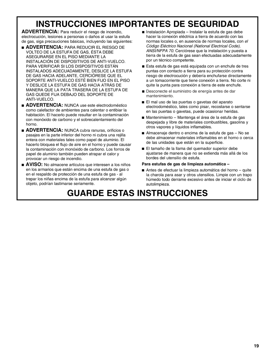 Amana AGR4422VDW manual Instrucciones Importantes DE Seguridad, Para estufas de gas de limpieza automática 