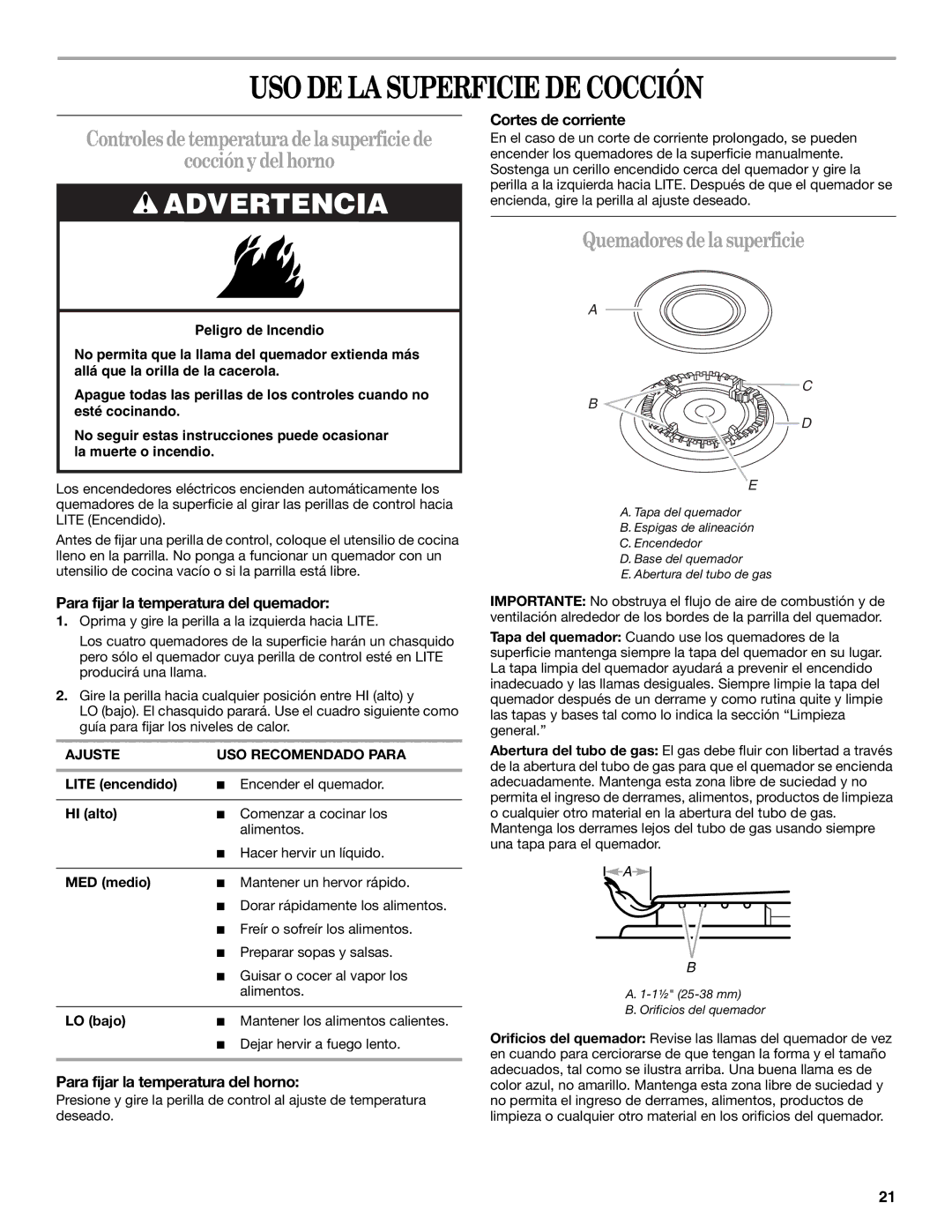 Amana AGR4422VDW manual USO DE LA Superficie DE Cocción, Controlesdetemperaturadelasuperficiede Cocciónydelhorno 