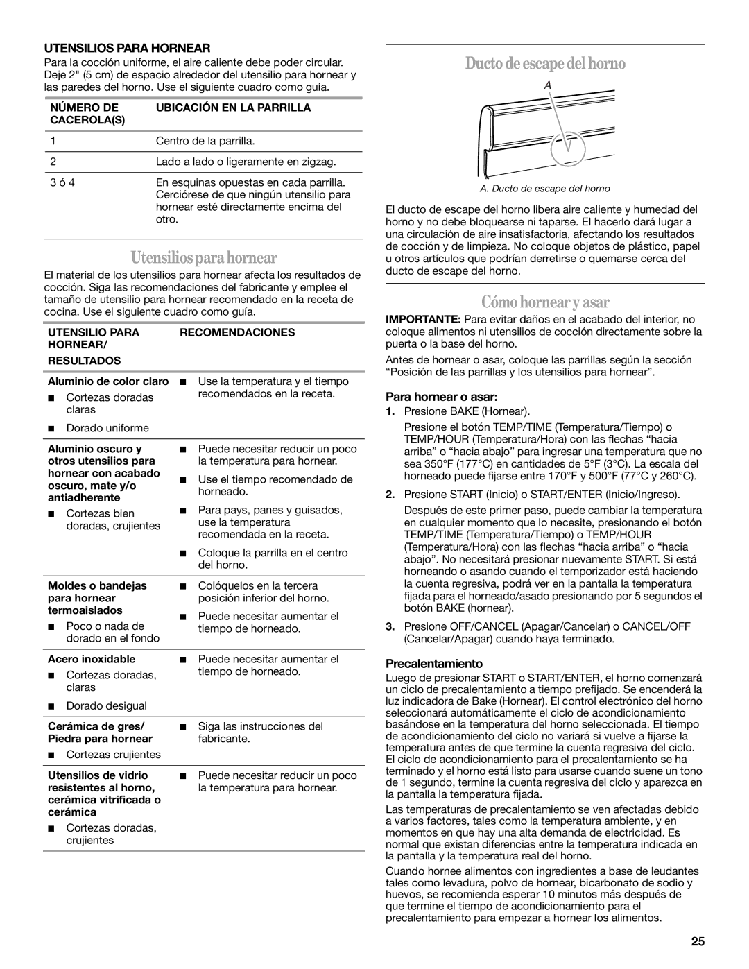 Amana AGR4422VDW manual Utensiliosparahornear, Ducto deescapedel horno, Cómohornearyasar, Utensilios Para Hornear 