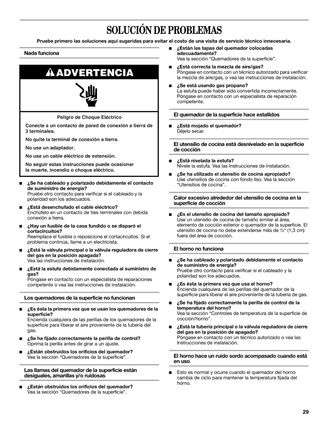 Amana AGR4422VDW manual Solución DE Problemas 