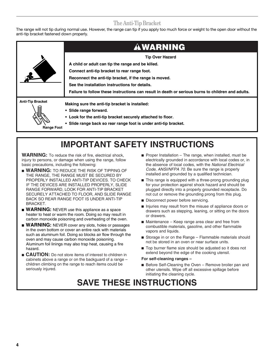 Amana AGR4422VDW manual TheAnti-TipBracket, For self-cleaning ranges 