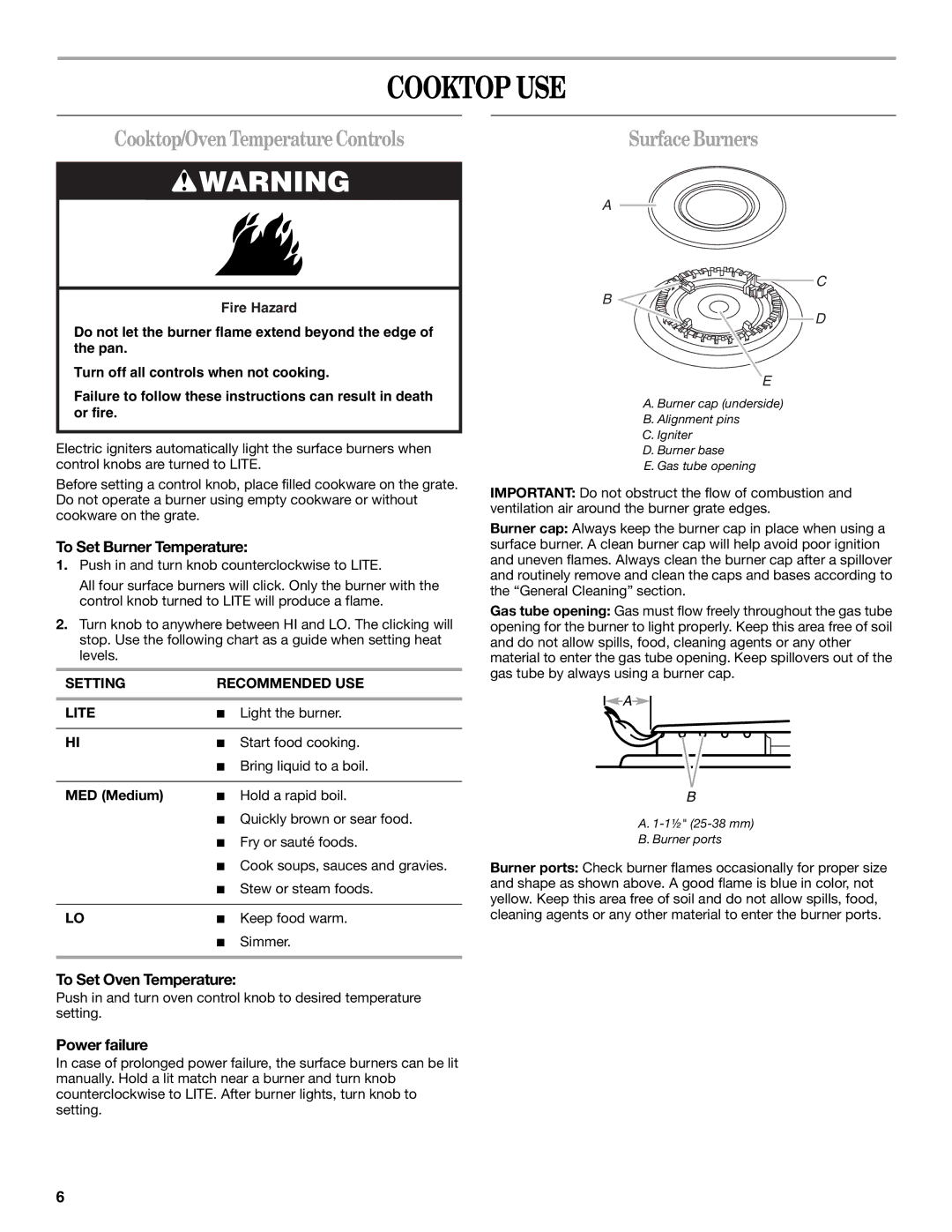 Amana AGR4422VDW manual Cooktop USE, Cooktop/OvenTemperatureControls, SurfaceBurners 