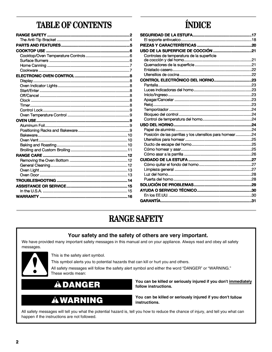 Amana AGR4422VDW manual Table Of Contents, Range Safety, Danger, Índice 