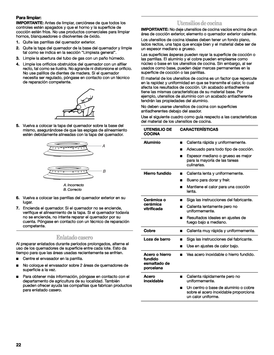 Amana AGR4422VDW manual Enlatadocasero, Utensilios decocina, Para limpiar 