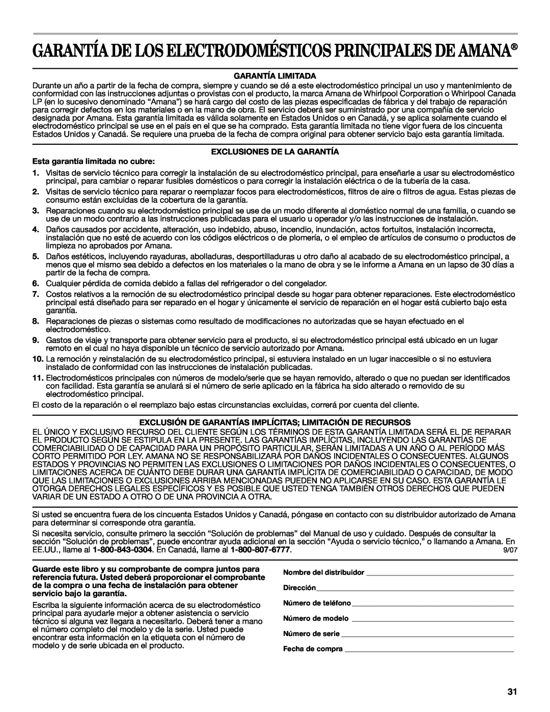 Amana AGR4422VDW manual Garantía De Los Electrodomésticos Principales De Amana, Garantía Limitada 