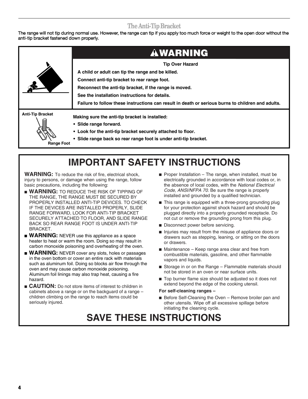 Amana AGR4422VDW Important Safety Instructions, Save These Instructions, TheAnti-TipBracket, For self-cleaning ranges 