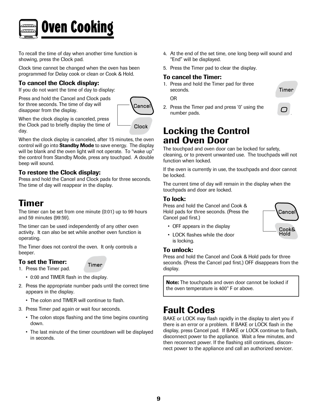 Amana AGR5835QDW important safety instructions Timer, Locking the Control Oven Door, Fault Codes 