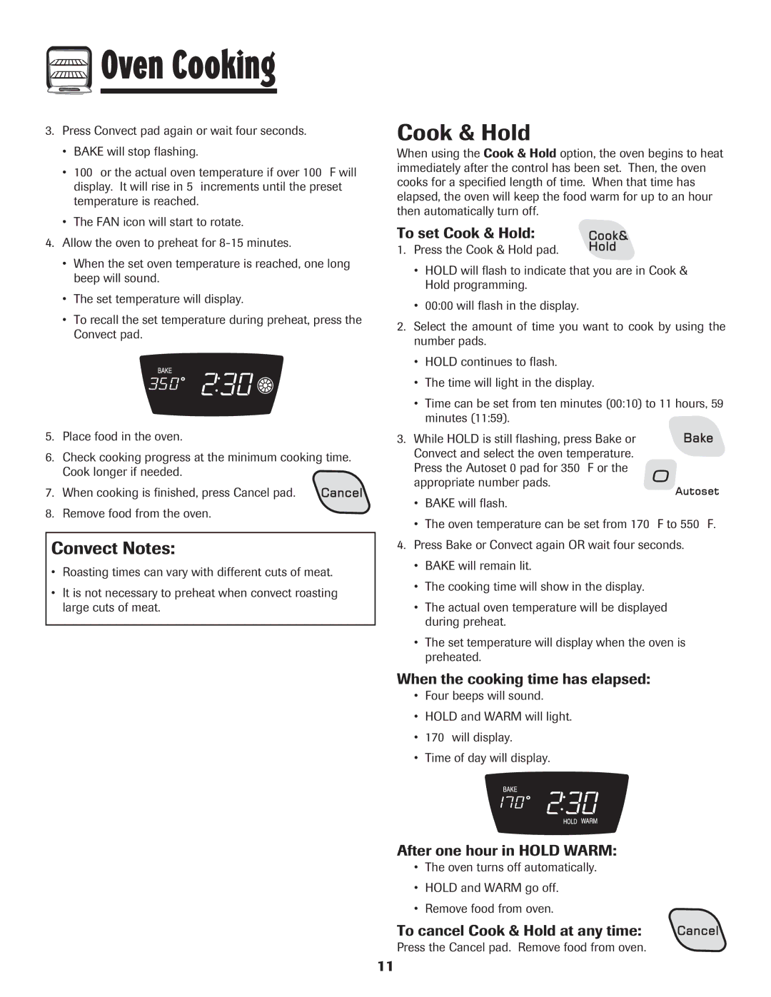 Amana AGR5835QDW important safety instructions Cook & Hold, Convect Notes 