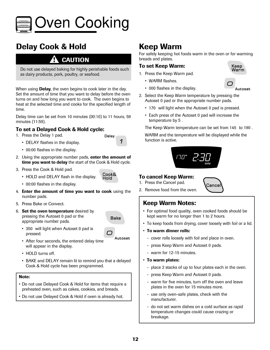 Amana AGR5835QDW important safety instructions Delay Cook & Hold, Keep Warm Notes 