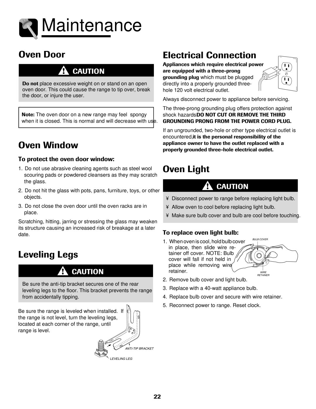 Amana AGR5835QDW important safety instructions Maintenance, Oven Window, Electrical Connection, Leveling Legs 