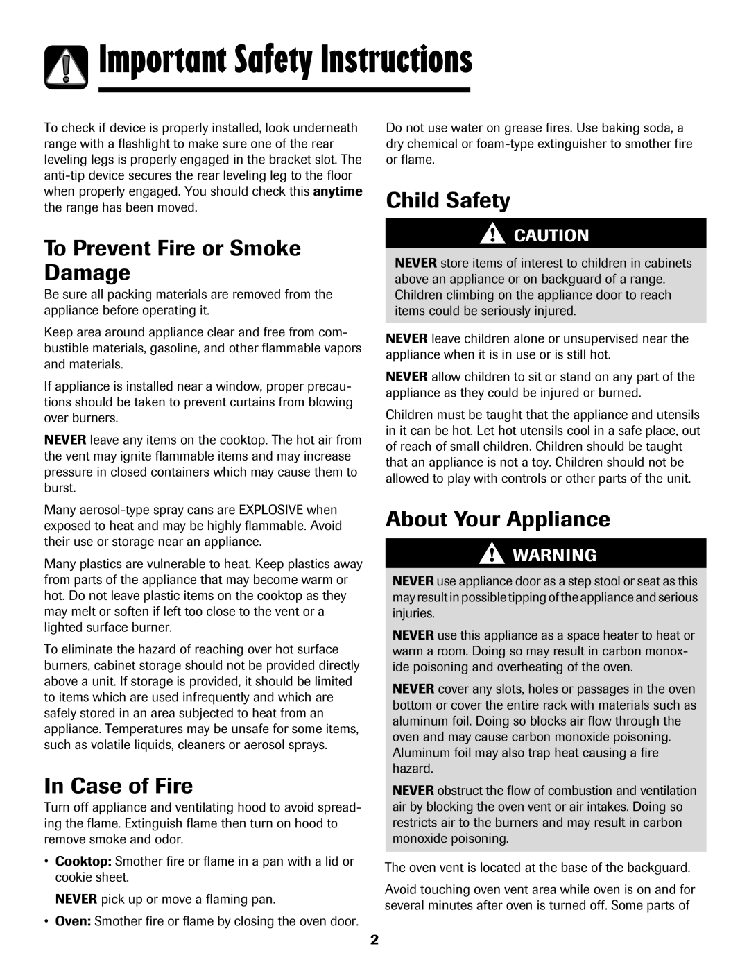 Amana AGR5835QDW Important Safety Instructions, To Prevent Fire or Smoke Damage, Case of Fire, Child Safety 