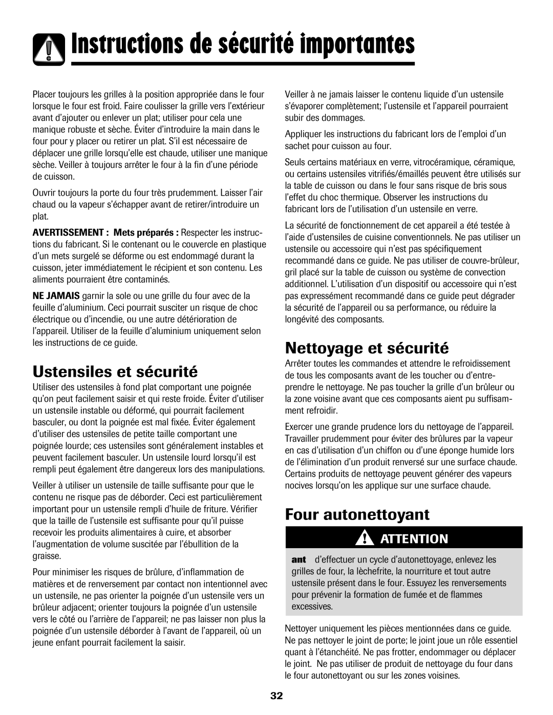 Amana AGR5835QDW important safety instructions Ustensiles et sécurité, Nettoyage et sécurité, Four autonettoyant 