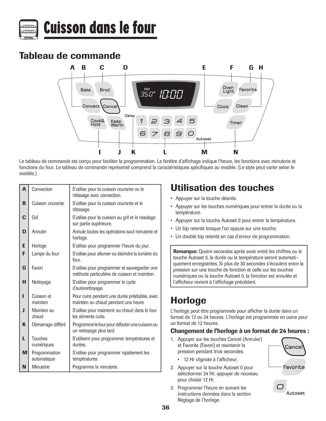 Amana AGR5835QDW important safety instructions Cuisson dans le four, Tableau de commande, Utilisation des touches, Horloge 