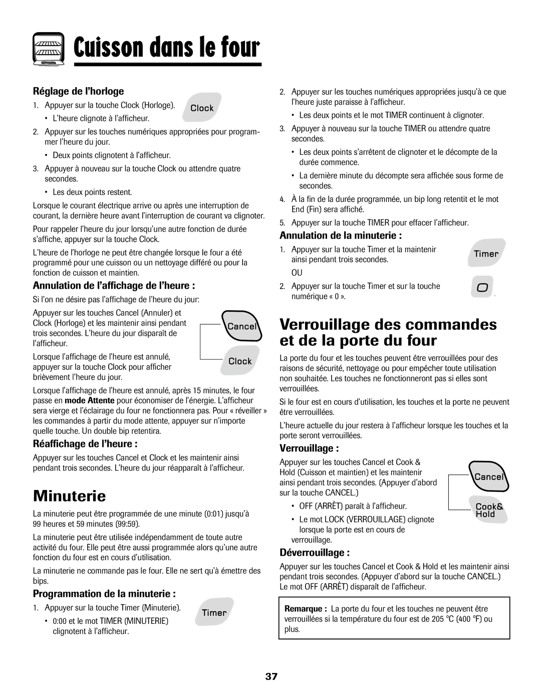 Amana AGR5835QDW important safety instructions Minuterie, Verrouillage des commandes et de la porte du four 