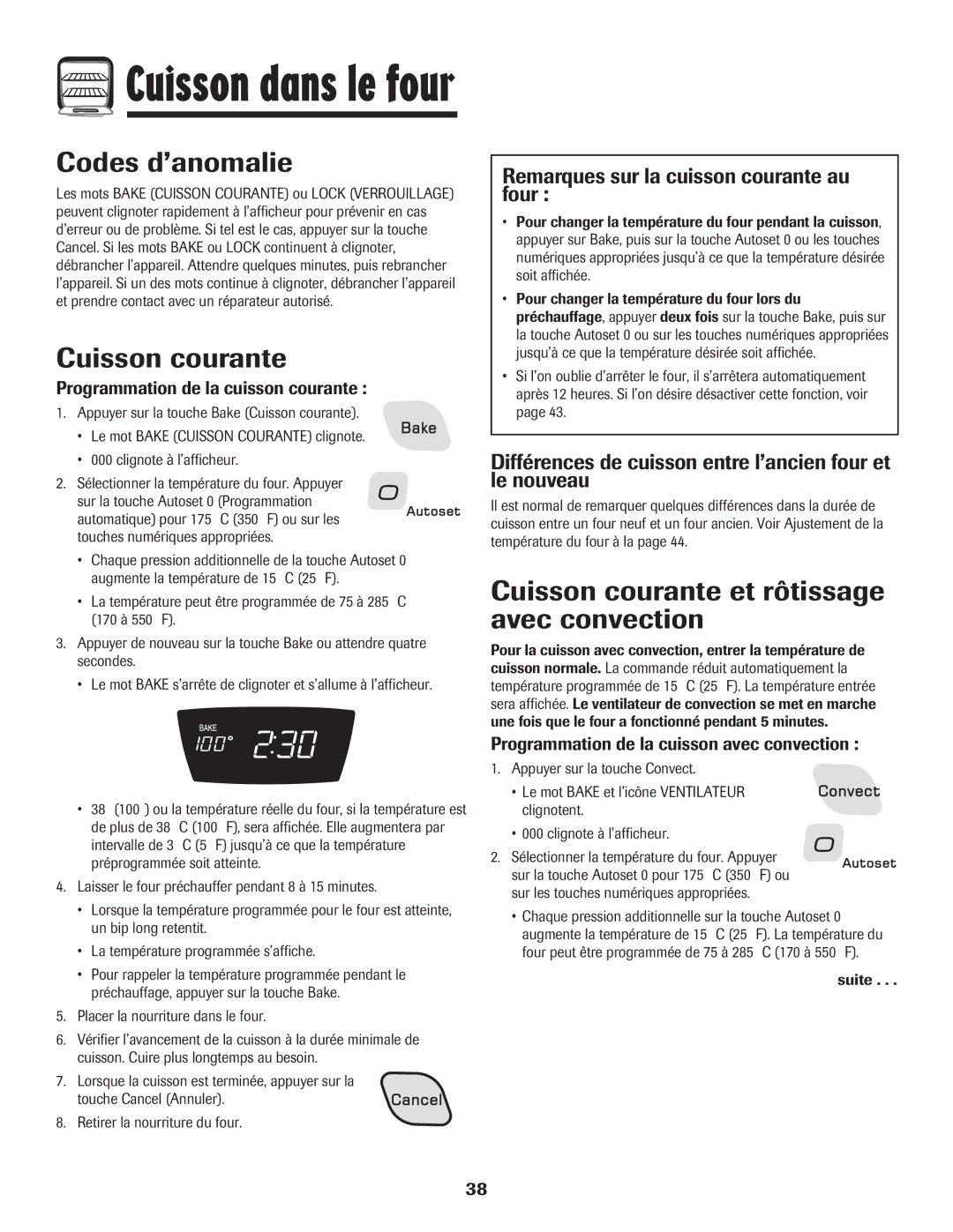 Amana AGR5835QDW important safety instructions Codes d’anomalie, Cuisson courante et rôtissage avec convection 