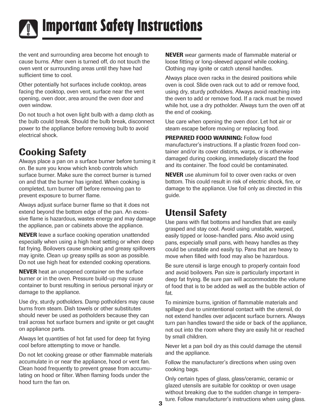 Amana AGR5835QDW important safety instructions Cooking Safety, Utensil Safety 