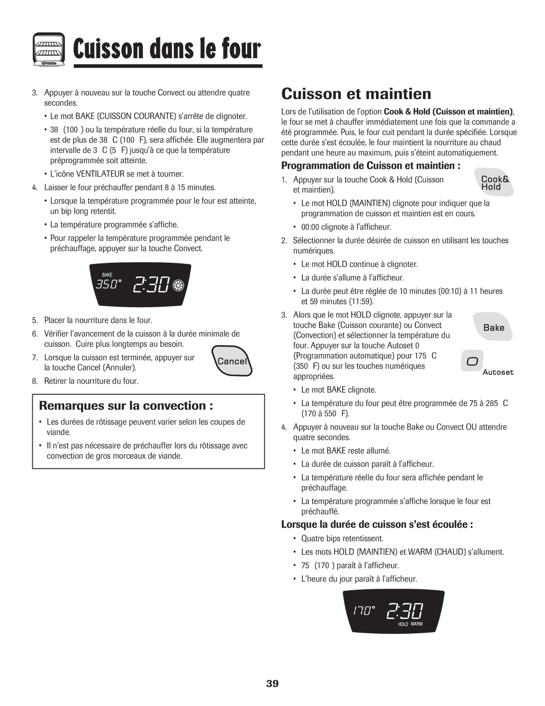 Amana AGR5835QDW important safety instructions Remarques sur la convection, Programmation de Cuisson et maintien 