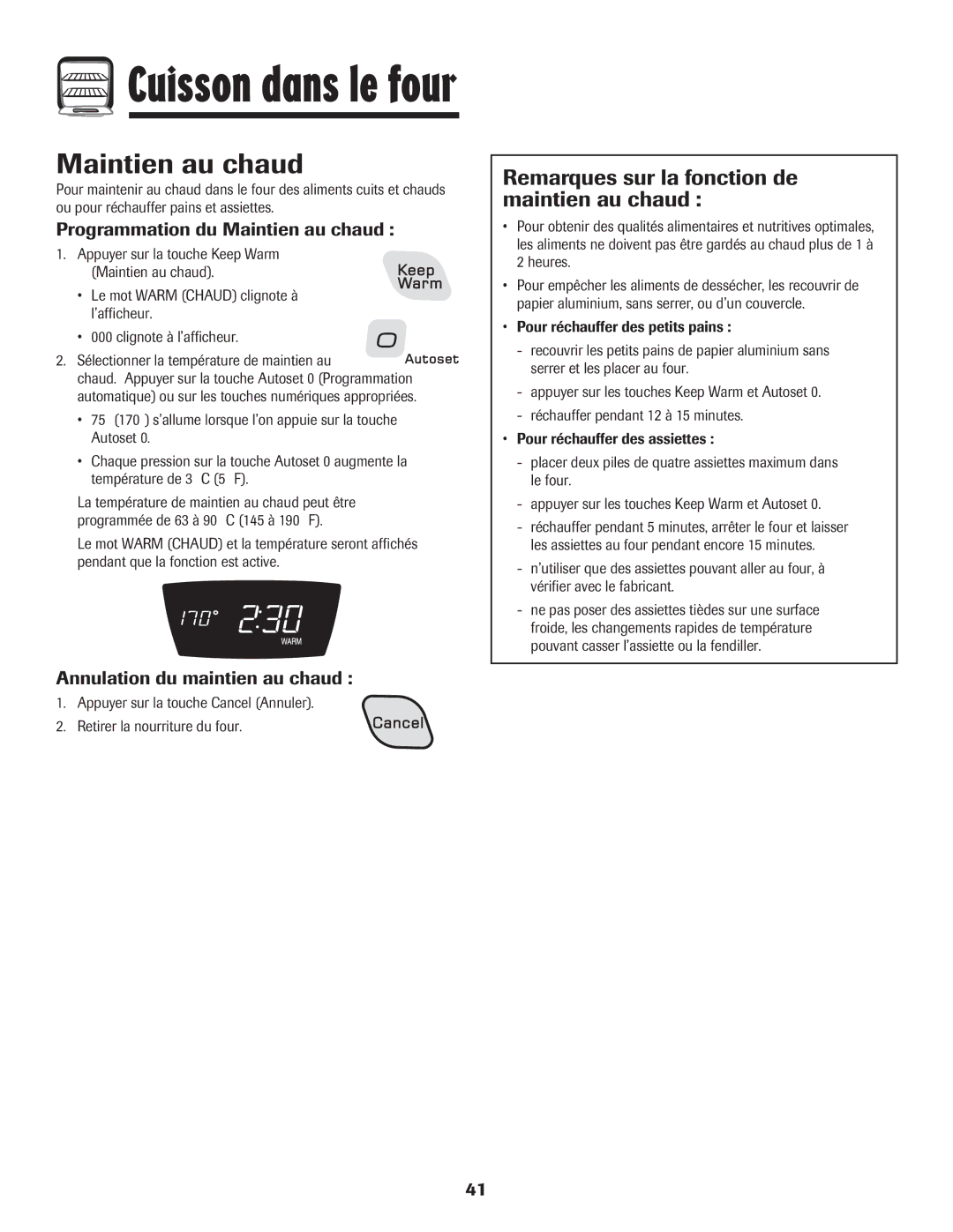 Amana AGR5835QDW Remarques sur la fonction de maintien au chaud, Programmation du Maintien au chaud 