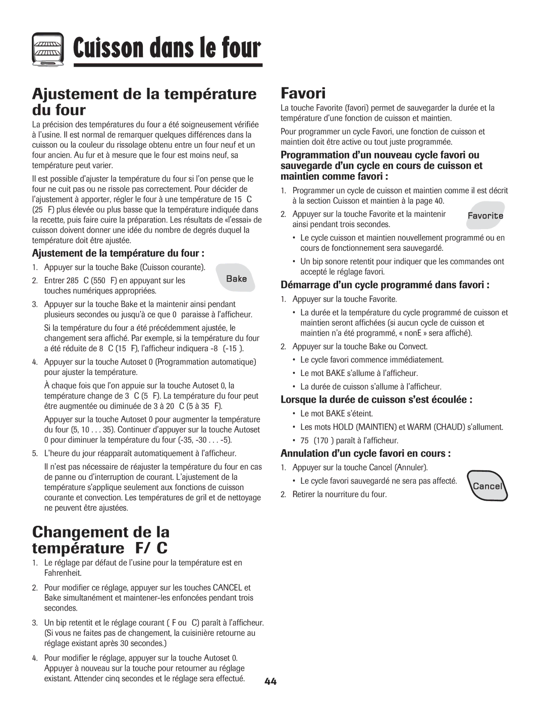 Amana AGR5835QDW Ajustement de la température du four, Favori, Changement de la température F/C 