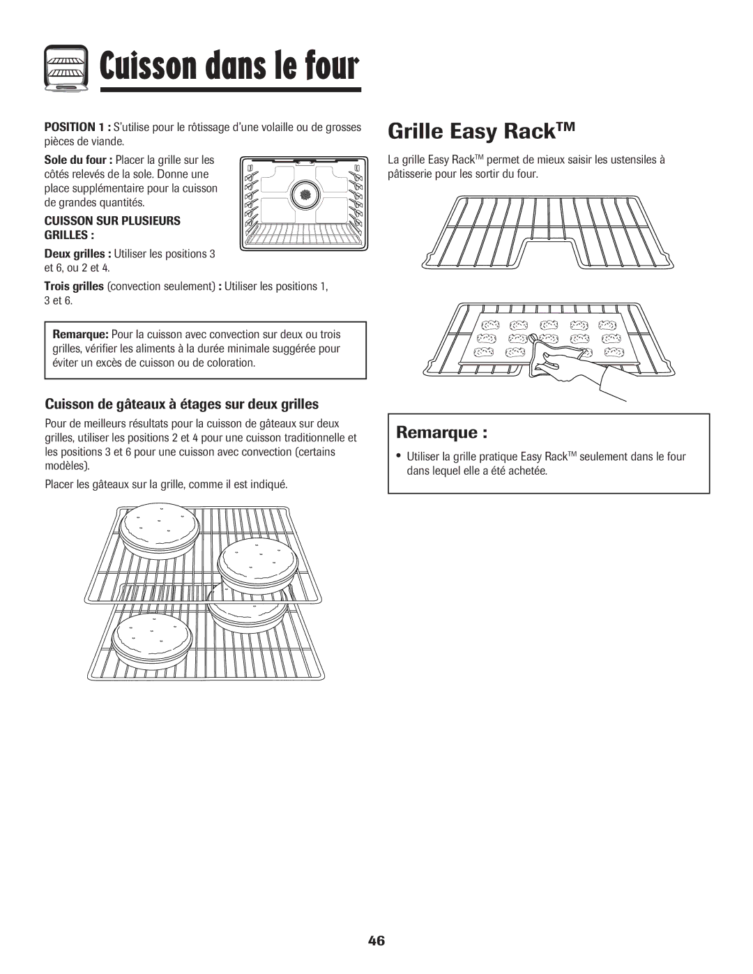 Amana AGR5835QDW important safety instructions Grille Easy RackTM, Remarque, Cuisson de gâteaux à étages sur deux grilles 